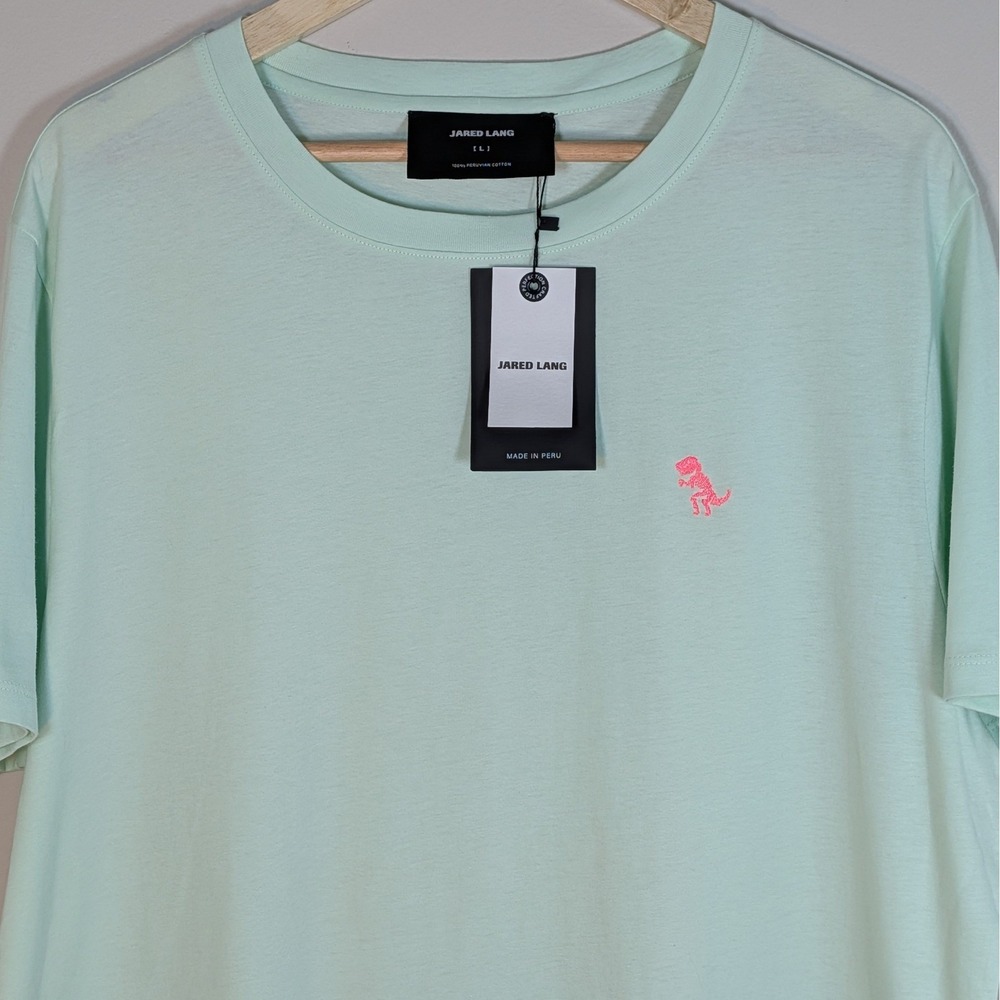 Jared Lang Mens Peruvian Cotton T-Shirt Mint Green Pink Dinosaur Logo NWT Large